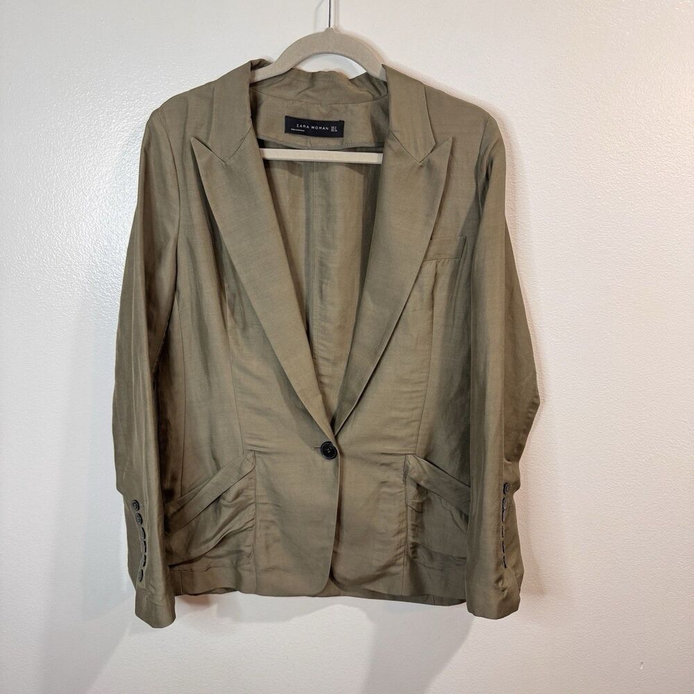 Zara Blazer Jacket M Olive Green Ruched Minimalist Chic Military Classic